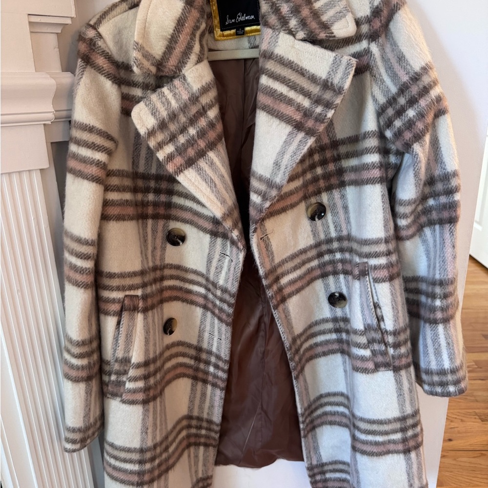 Sam Edelman Plaid Pea Coat in Cream and Brown